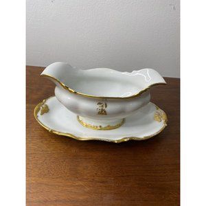 Limoges France Gravy Boat Dish Serving Bowl White Gold Scalloped Porcelain